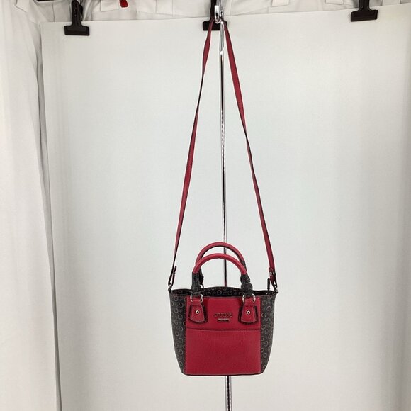 GUESS Small Crossbody Purse Mini Handbag Adj Strap Tote Red/Black Faux Leather - Picture 9 of 11